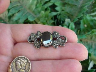 Vintage Sterling Silver W Marcasite - Black Stone/glass Center - Leaf Pin Brooch