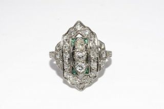 $5,  000 1.  12ct Antique Art Deco Natural Diamond & Emerald Dinner Platinum Ring