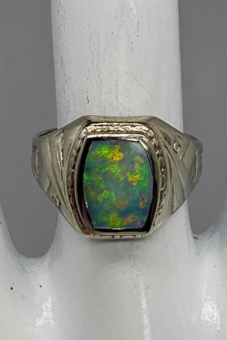 Antique Edwardian 1900s 4ct Natural Aaa,  Opal 14k White Gold Band Ring