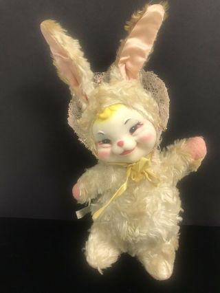 1950s Vtg Rushton Rubber Face White Plush Bunny Rabbit W Lace Hat