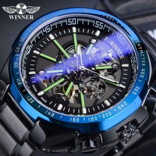 T - Winner Blue Glass Stainless Steel Skeleton Automatic Mechanical Watch Luminous