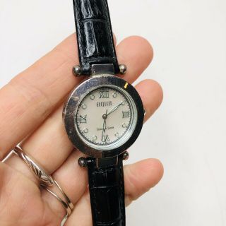 Vintage Ecclissi Sterling Silver Watch 925 Black Leather Band Mother Of Pearl