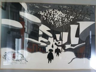 1970s Japanese Wood Block Print Kiyoshi Saito Winter Village Aizu Japan
