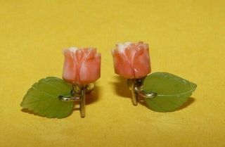 Antique Gold Washed Sterling Silver W/ Carved Jade & Coral " Rose " Post Earrings