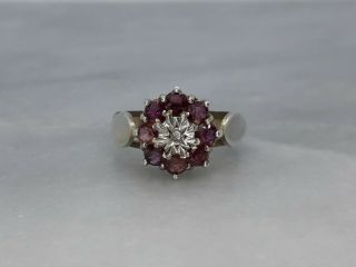 Lovely Vintage Solid Sterling Silver Flower Cluster Ring Ruby Diamond - L 1/2