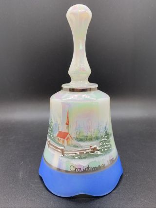 Vintage Qvc Fenton 1990 Christmas Hand Painted Iridescent Bell Church In Snow