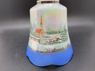 Vintage QVC Fenton 1990 Christmas Hand Painted Iridescent Bell Church in Snow 2