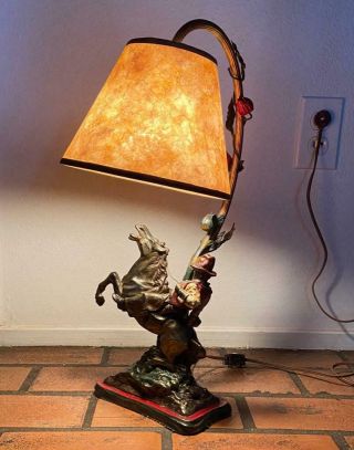 Antique Art Bronze Clad Lamp Mica Shade Western Cowboy Bucking Bronco Sculpture
