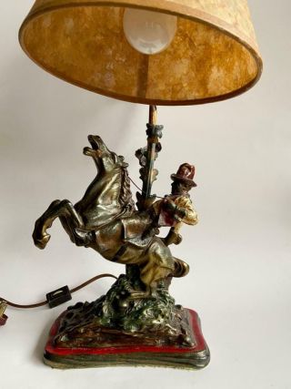 Antique Art Bronze Clad Lamp Mica Shade Western Cowboy Bucking Bronco Sculpture 3