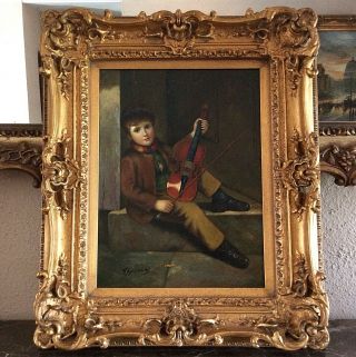 Antique Style Oil Painting Portrait Of Young Boy With Violin O/c Signed Framed