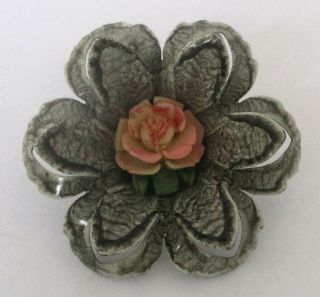 Vintage Gray Enamel/pink Celluloid Flower Lapel Pin