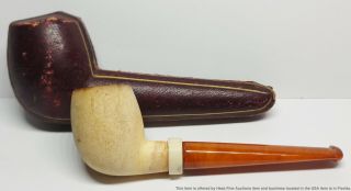 Meerschaum & Amber Antique Short Cool Smoking Pipe With Case