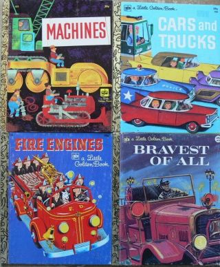 4 Vintage Little Golden Books Fire Engines,  Machines,  Cars & Trucks,  Bravest