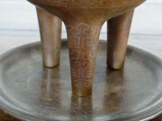 Chinese Bronze Incense Burner or Silver - Inlaid Tripod Censer with Matching Tray 3