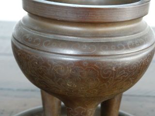 Chinese Bronze Incense Burner or Silver - Inlaid Tripod Censer with Matching Tray 4