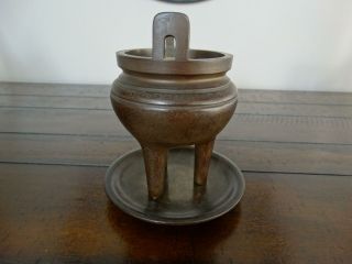 Chinese Bronze Incense Burner or Silver - Inlaid Tripod Censer with Matching Tray 5