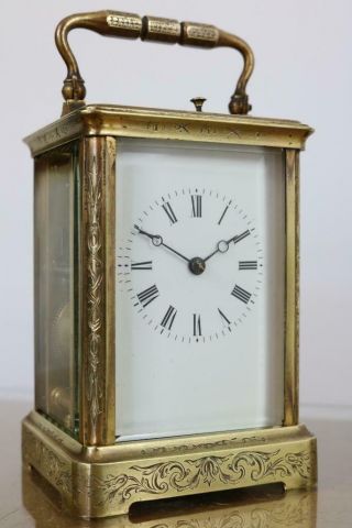 Engraved Antique French Carriage Clock Strike Repeater By Brunelot Key