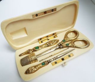 Fantastic Antique 19th Century 1875 Solid Silver Gilt & Jewelled Etui Sewing Set