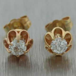 1880 Antique Victorian 14k Yellow Gold 0.  40ct Old Mine Cut Diamond Stud Earrings