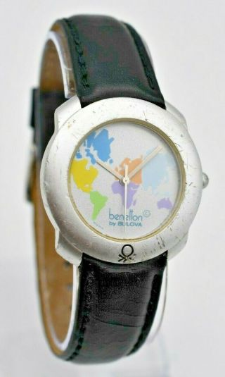 Vintage Benetton By Bulova " World Time " Silver Tone Watch,  Black Leather,  Quartz