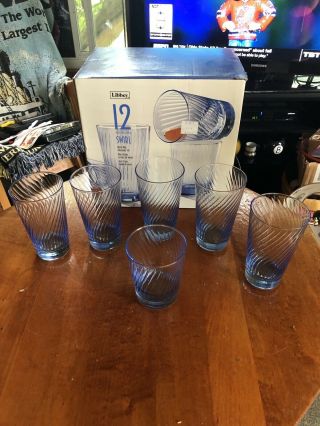 6 Vintage Libbey Swirl Misty Blue Glasses (1) 14 1/2oz And (5) 17oz Glasses