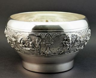 C1900,  Antique Indian Calcutta Solid Silver Repousse Bowl,  Deities And Animals