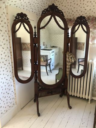 French Victorian Trifold Cheval Mirror