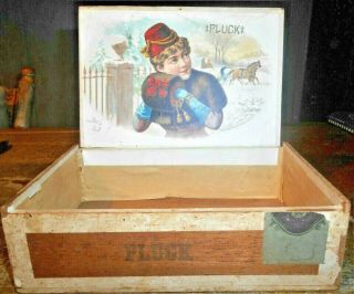 EARLY ADVERTISING PLUCK BRAND 50 CIGARS WOOD BOX,  MARCH 1883,  DISTR.  OF PENNA.  NR 2