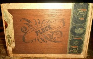 EARLY ADVERTISING PLUCK BRAND 50 CIGARS WOOD BOX,  MARCH 1883,  DISTR.  OF PENNA.  NR 3