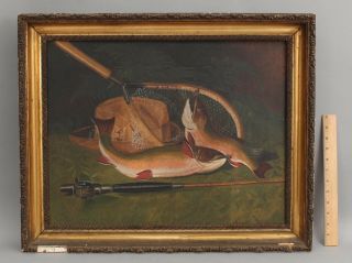 19thc Antique American Folk Art Fly Fishing Oil Painting Trout,  Reel,  Pole & Net