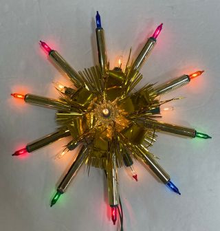 Vintage Mcm 15 Light Tree Top Star Christmas Topper Gold Foil Color Lights