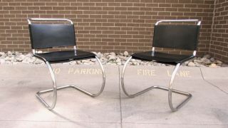 Pair Vintage Mies Van Der Rohe Mr10 Leather Chrome Knoll Production Chairs