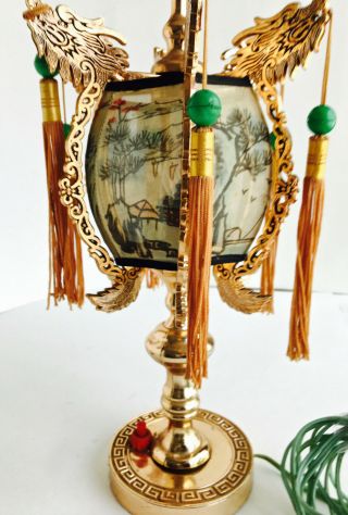 Vintage Chinese Lantern Lamp 11 - 12 Inch Hand Painted Green Beads Gold Tassels