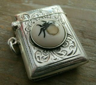Hallmarked Sterling Silver Vesta Case With Shibayama Decorated Mop Insect Button
