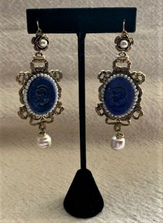 Vtg Repurposed Ornate Dangle Pierced Earrings Lapis Blue Intaglio Faux Pearl