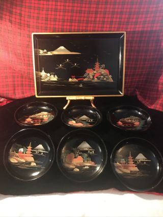 Vintage Szk Japanese Black Lacquered Hand Painted Serving Tray And 6 Bowls
