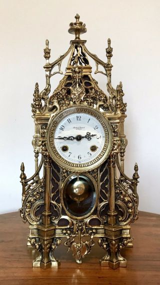20thc Gothic Style Brass Mantel Clock By Robert Grant Of London & Franz Hermle