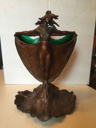 French Art Nouveau Bronze Cast Iron Lady Woman Leaves Fan Vase W/glass Insert