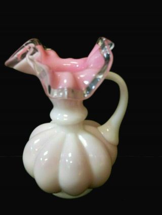 Vintage Fenton Pink And White Milk Glass Silver Crest Ruffled Lip Pitcher Vase