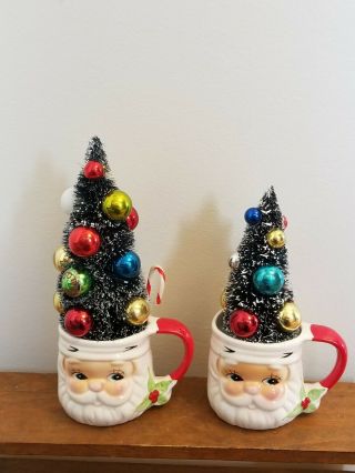 2 Vintage Ceramic Santa Mugs With Bottle Brush Trees 9 " And 8 "