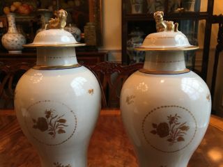 A Pair Chinese Kangxi Imari Porcelain Jars With Lids And Wooden Stands.  Repaired