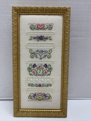 Cross Stitch Sampler Needlework Art Flowers Folk Art Vintage Gold Gilt Framed