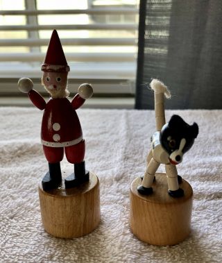 Vintage Wooden Santa Claus & Dog Collapsible Push Button Thumb Puppets