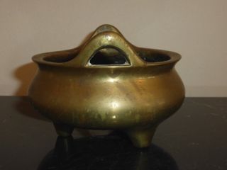 Antique Signed Chinese Bronze Incense Burner or Censer with Ear Handles 3