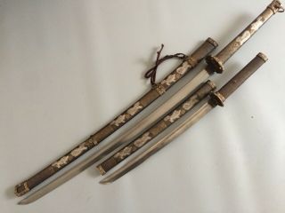 Collectable Set Japanese Samurai Sword Katana &wakizashi Lion Dogs Saya Brass