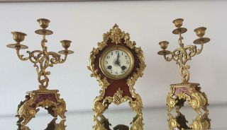 Antique French Mantle Clock Rococo 1880 Gilt Bronze Rococo 3 Piece Set 2