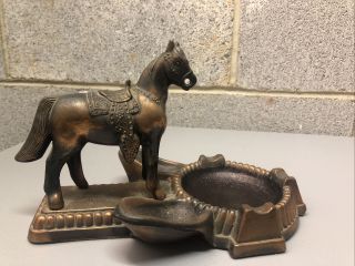 Vintage 1940s Praline Queen Brass Horse Ashtray W Double Pipe Rest Man Cave