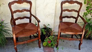 Pair Country French Arm Chairs,  Rush Seats,  W/ Ladder Backs