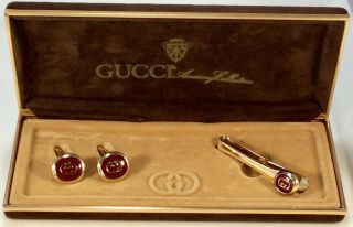 Vintage Gucci Interlocking Gs Authentic Gold Plated Cufflink Tie Clip Set Minty