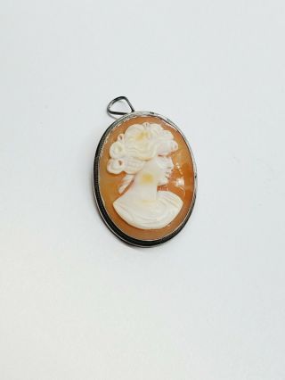 Vintage 800 Silver Shell Cameo Brooch Pin Pendant